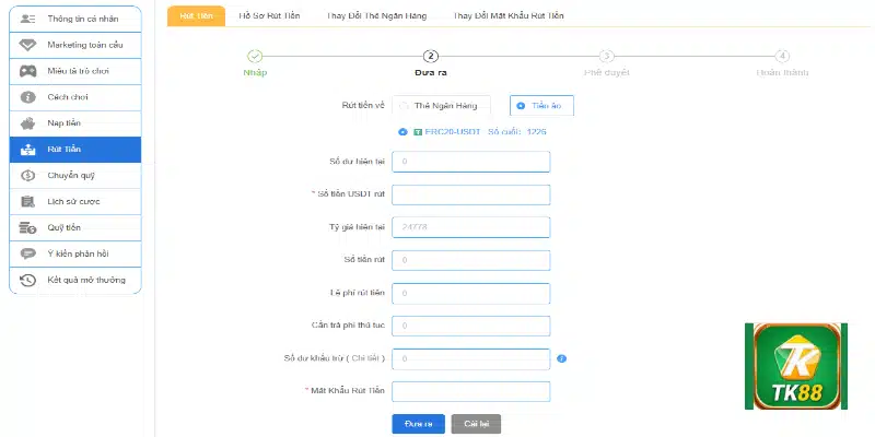 Rút tiền về tiền ảo tại TK88