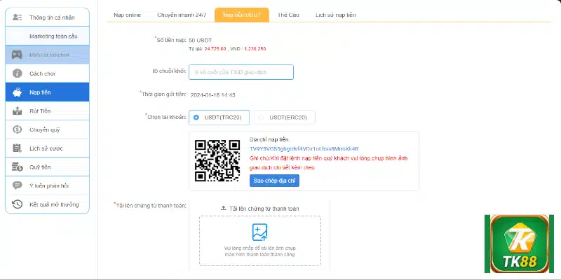 Nạp tiền USDT tại TK88 thuận tiện